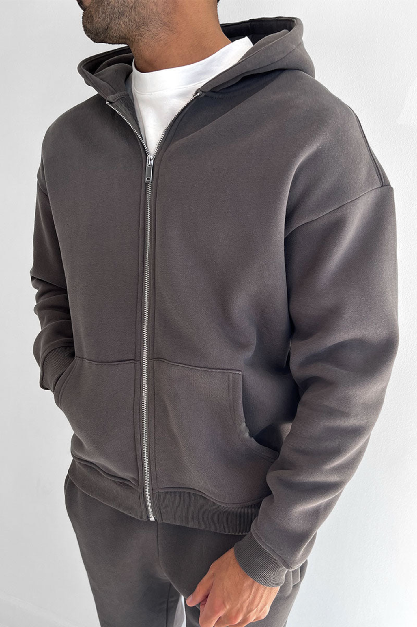 ESSENTIAL ZIP UP HOODIE - CHARCOAL